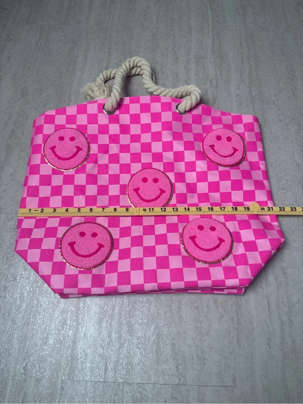 Pink Checkered Tote with Glitter Smiley face patches beach bag